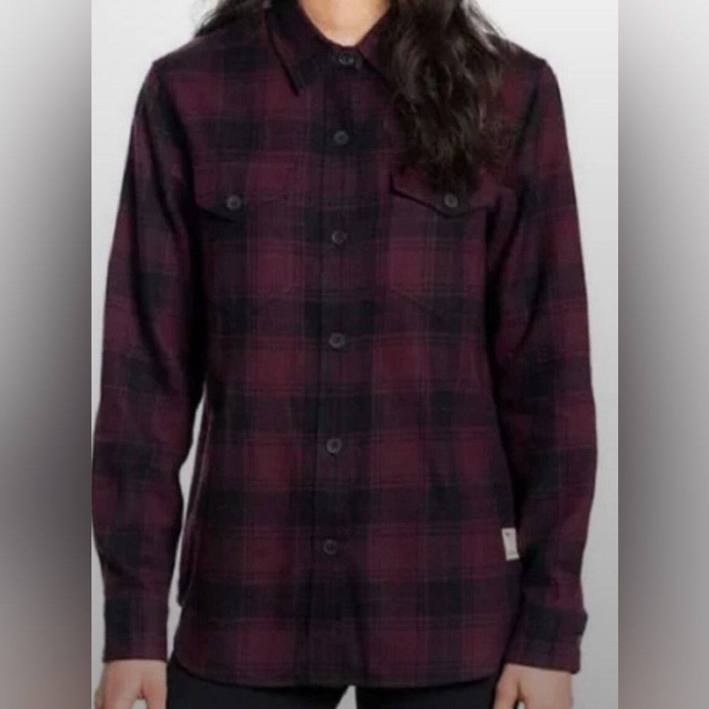 ⭐️TILLY⭐️Burgundy & Black Plaid Button Up Cozy Flannel Shirt •Large •VGUC